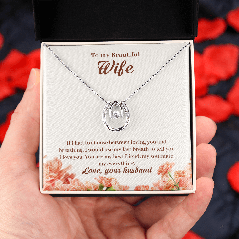 To My Wife Loving & Breathing My Everything Lucky Horseshoe Necklace Message Card 14k w CZ Crystals-Express Your Love Gifts