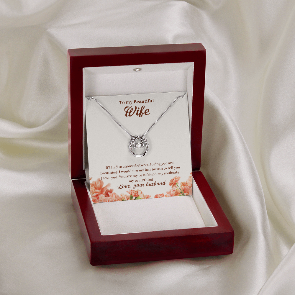 To My Wife Loving & Breathing My Everything Lucky Horseshoe Necklace Message Card 14k w CZ Crystals-Express Your Love Gifts