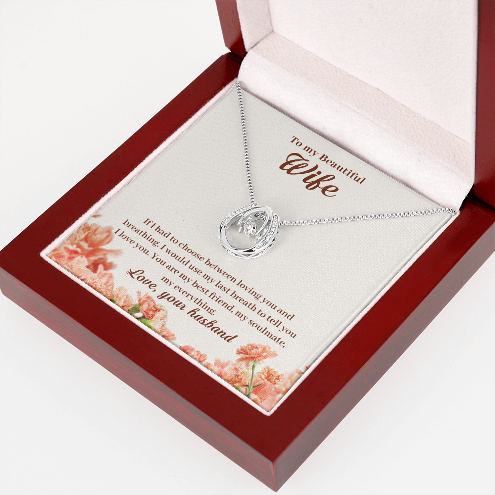 To My Wife Loving & Breathing My Everything Lucky Horseshoe Necklace Message Card 14k w CZ Crystals-Express Your Love Gifts