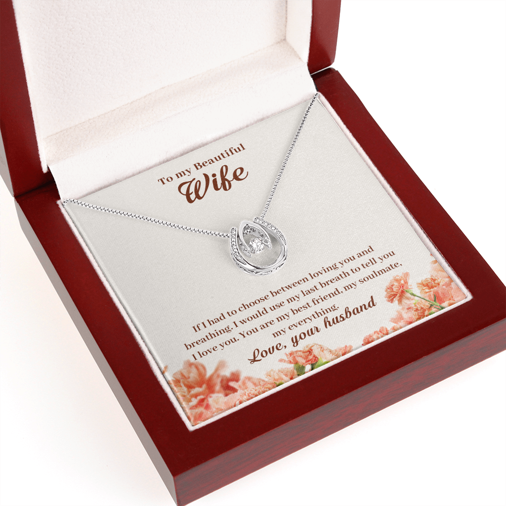 To My Wife Loving & Breathing My Everything Lucky Horseshoe Necklace Message Card 14k w CZ Crystals-Express Your Love Gifts