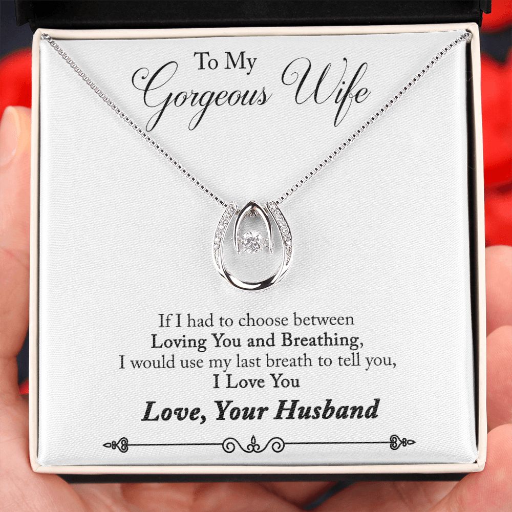 To My Wife Loving You and Breathing Lucky Horseshoe Necklace Message Card 14k w CZ Crystals-Express Your Love Gifts