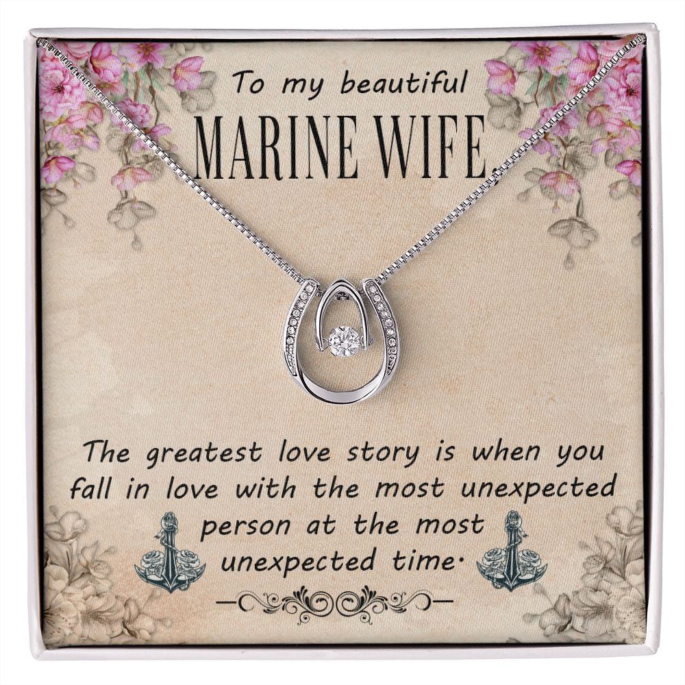 To My Wife Marine Wife Lucky Horseshoe Necklace Message Card 14k w CZ Crystals-Express Your Love Gifts
