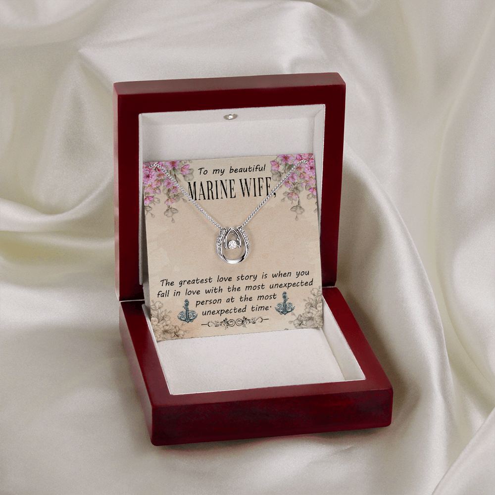 To My Wife Marine Wife Lucky Horseshoe Necklace Message Card 14k w CZ Crystals-Express Your Love Gifts