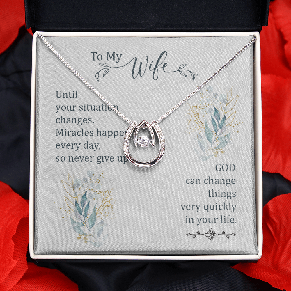 To My Wife Miracle Happens Lucky Horseshoe Necklace Message Card 14k w CZ Crystals-Express Your Love Gifts