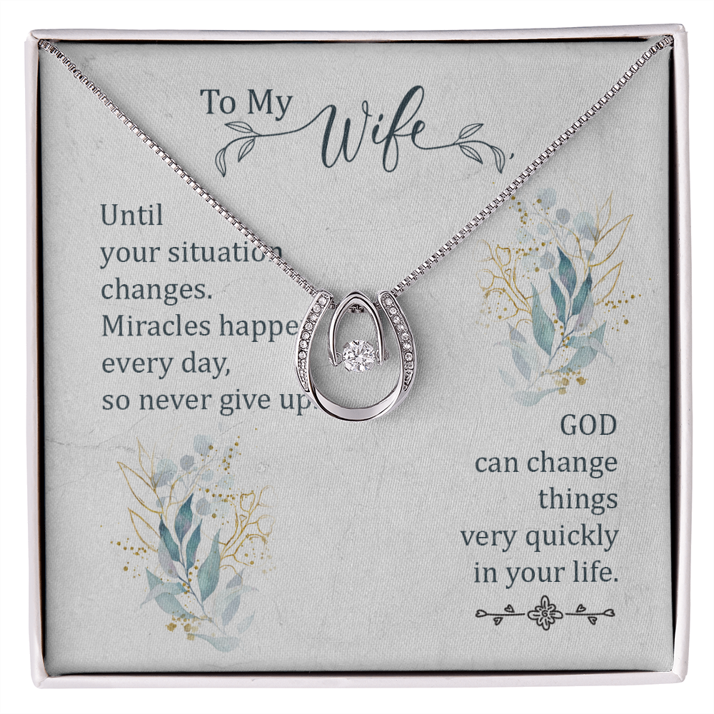 To My Wife Miracle Happens Lucky Horseshoe Necklace Message Card 14k w CZ Crystals-Express Your Love Gifts
