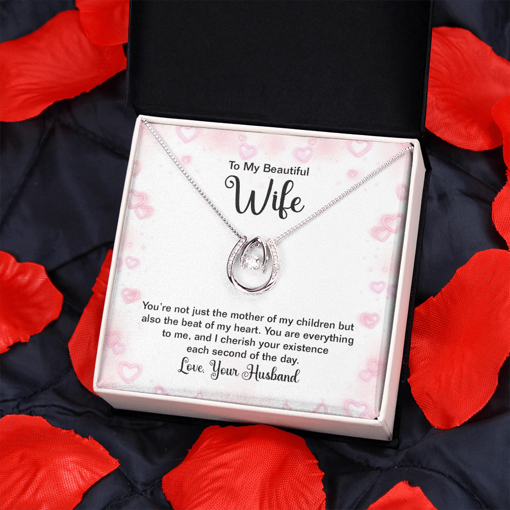 To My Wife Mother of My Children Lucky Horseshoe Necklace Message Card 14k w CZ Crystals-Express Your Love Gifts