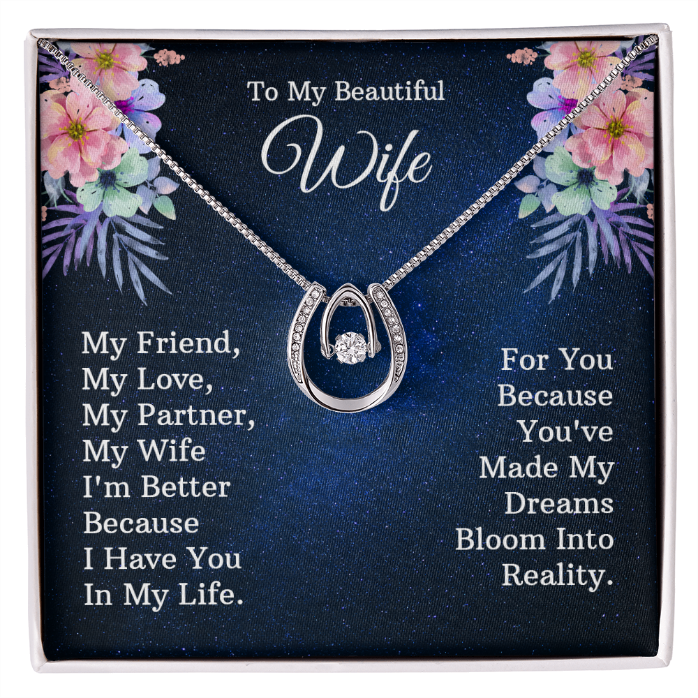 To My Wife My Friend Lucky Horseshoe Necklace Message Card 14k w CZ Crystals-Express Your Love Gifts