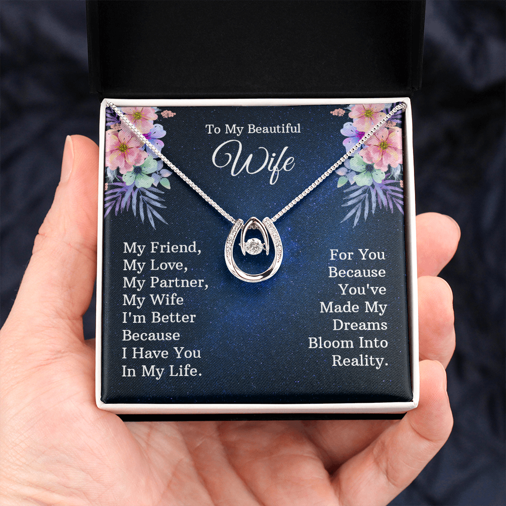 To My Wife My Friend Lucky Horseshoe Necklace Message Card 14k w CZ Crystals-Express Your Love Gifts