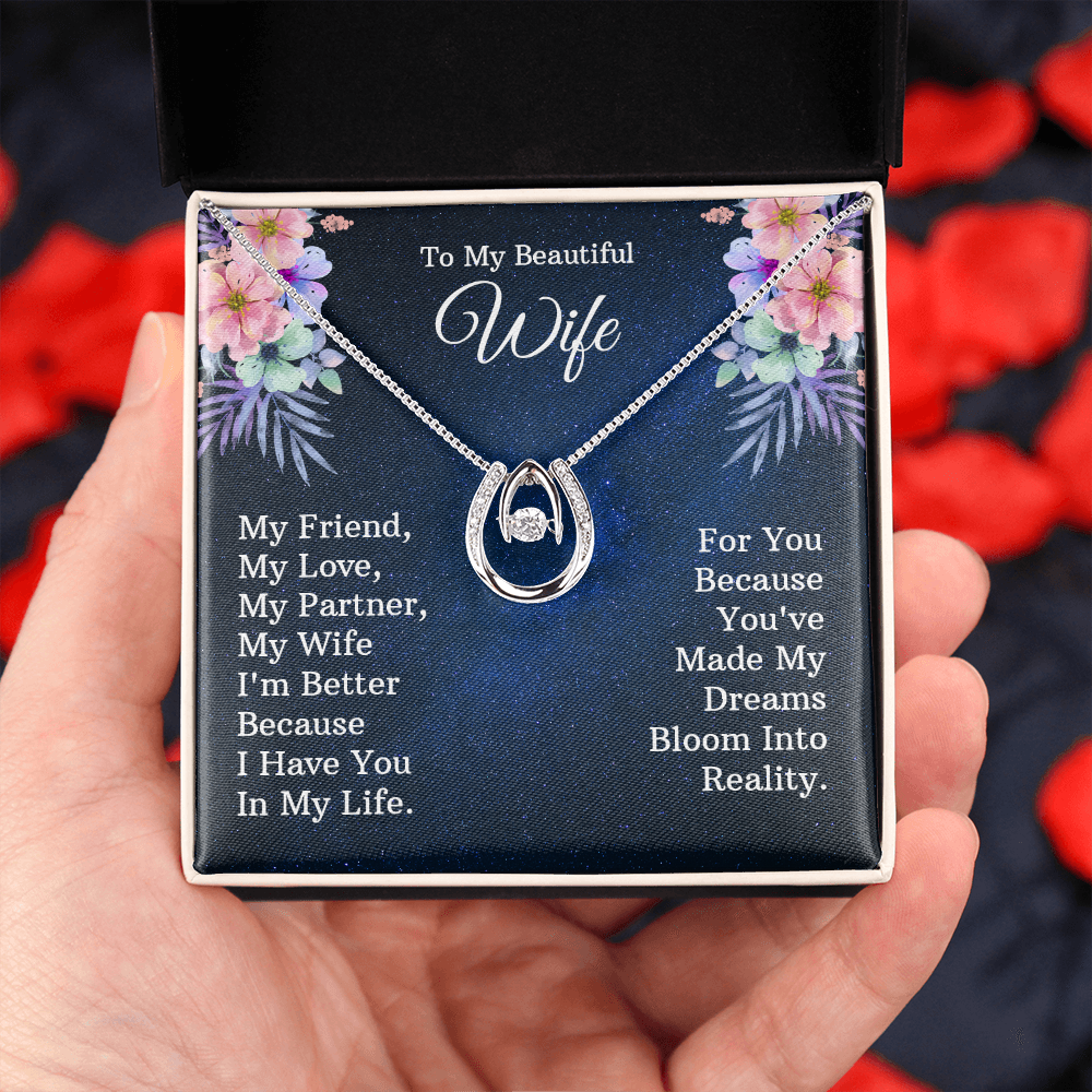 To My Wife My Friend Lucky Horseshoe Necklace Message Card 14k w CZ Crystals-Express Your Love Gifts