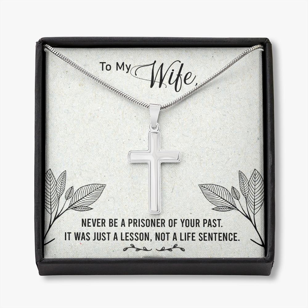 To My Wife Never Be a Prisoner Cross Card Necklace w Stainless Steel Pendant-Express Your Love Gifts