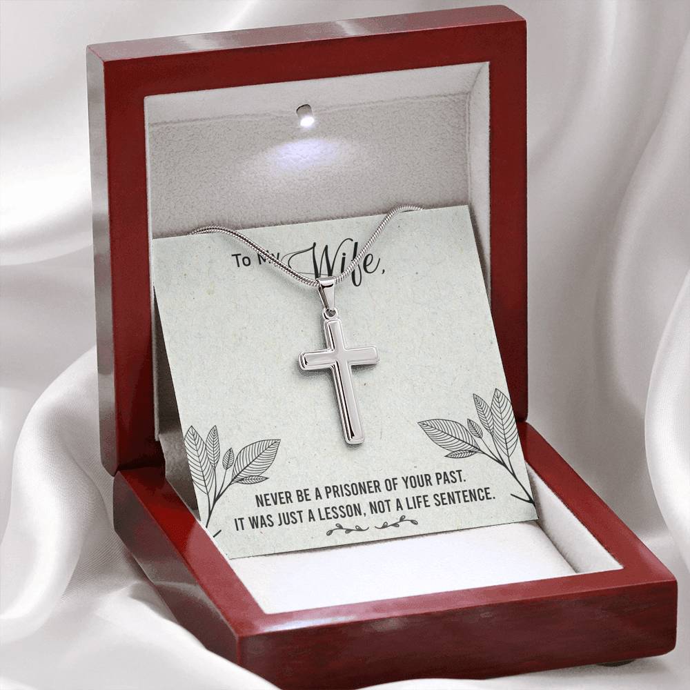 To My Wife Never Be a Prisoner Cross Card Necklace w Stainless Steel Pendant-Express Your Love Gifts