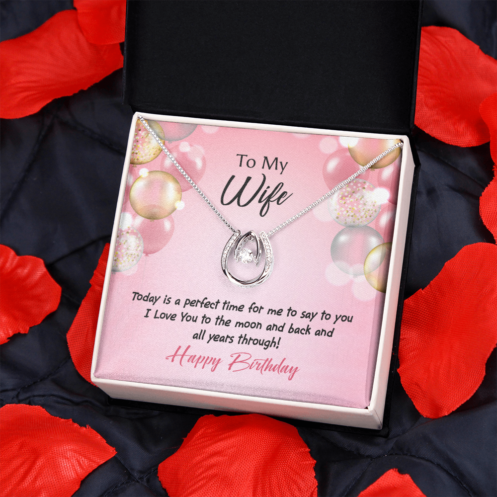 To My Wife Perfect Time Birthday Lucky Horseshoe Necklace Message Card 14k w CZ Crystals-Express Your Love Gifts