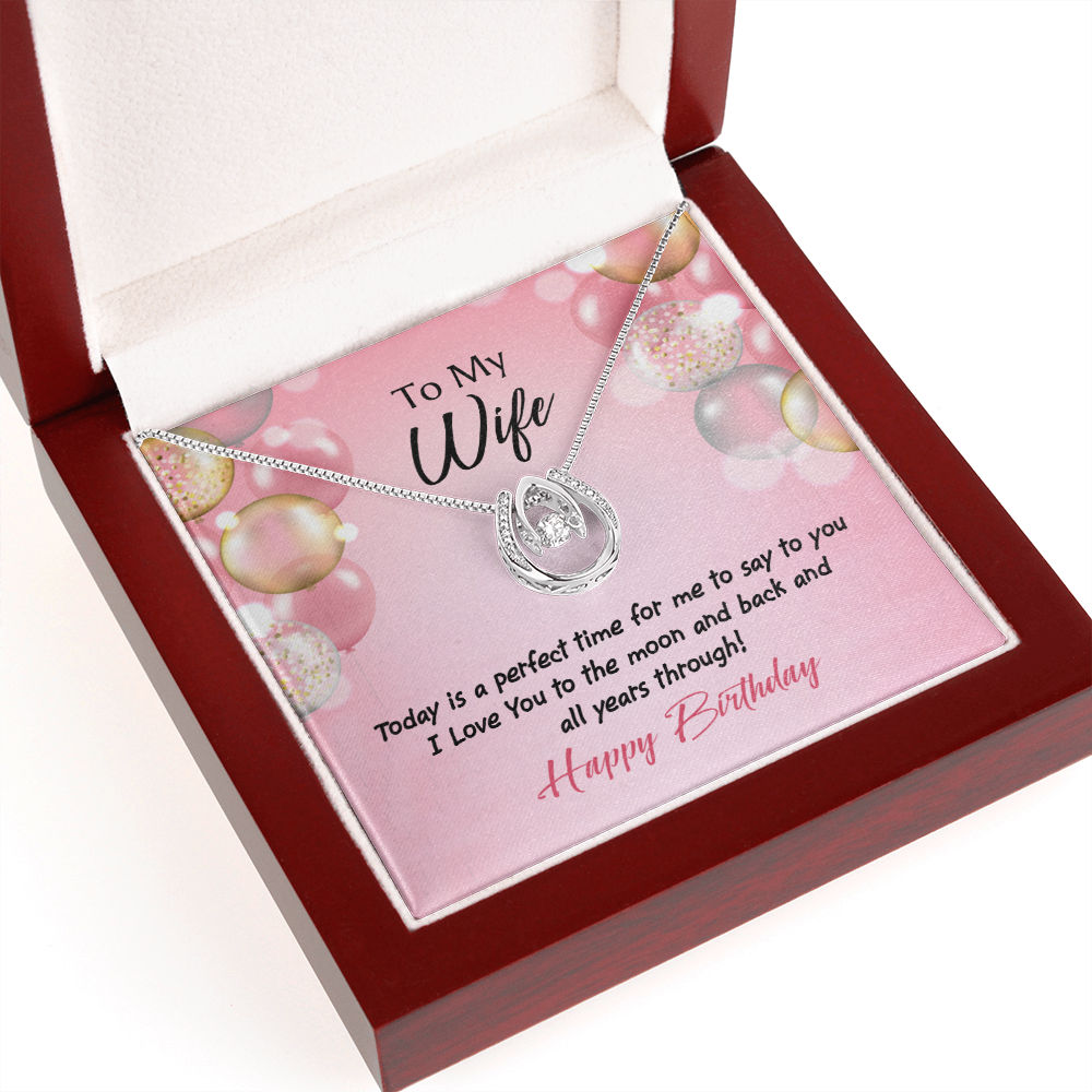 To My Wife Perfect Time Birthday Lucky Horseshoe Necklace Message Card 14k w CZ Crystals-Express Your Love Gifts
