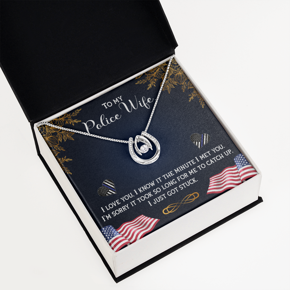 To My Wife Police Wife Lucky Horseshoe Necklace Message Card 14k w CZ Crystals-Express Your Love Gifts