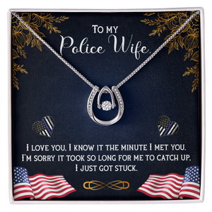 To My Wife Police Wife Lucky Horseshoe Necklace Message Card 14k w CZ Crystals-Express Your Love Gifts