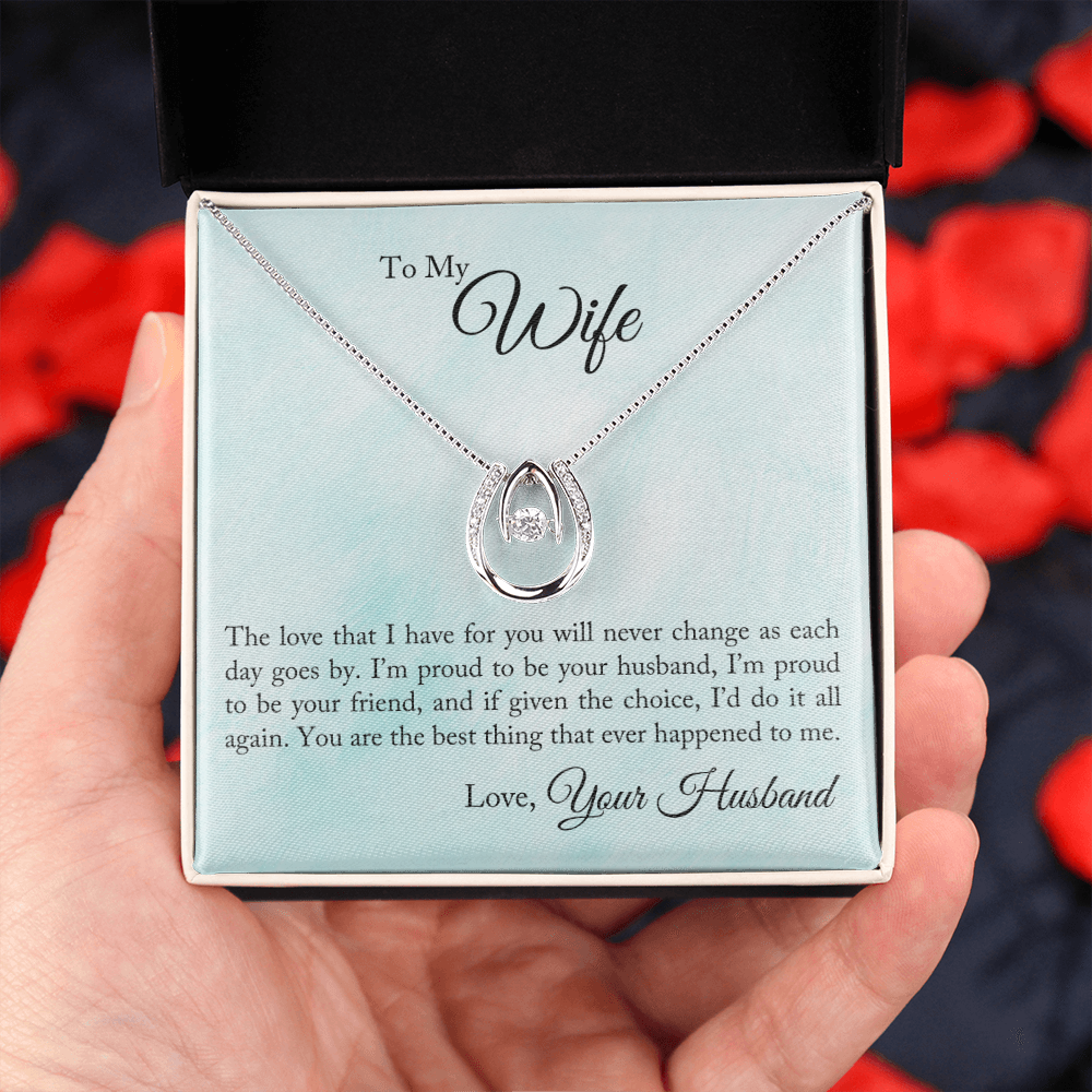 To My Wife Proud To Be Your Husband Lucky Horseshoe Necklace Message Card 14k w CZ Crystals-Express Your Love Gifts