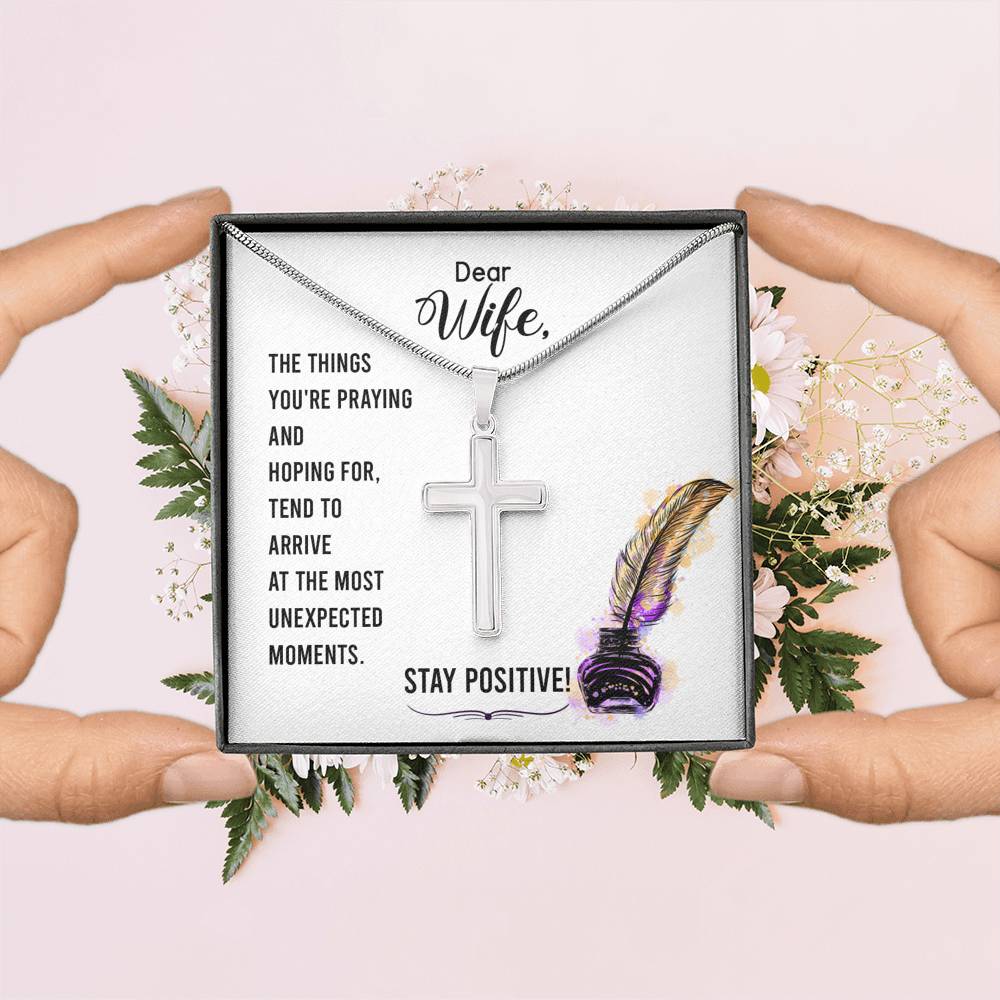 To My Wife Stay Positive Cross Card Necklace w Stainless Steel Pendant-Express Your Love Gifts