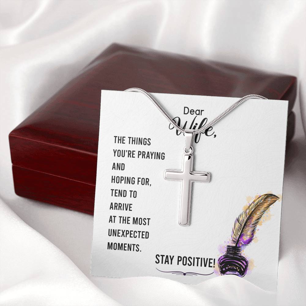 To My Wife Stay Positive Cross Card Necklace w Stainless Steel Pendant-Express Your Love Gifts