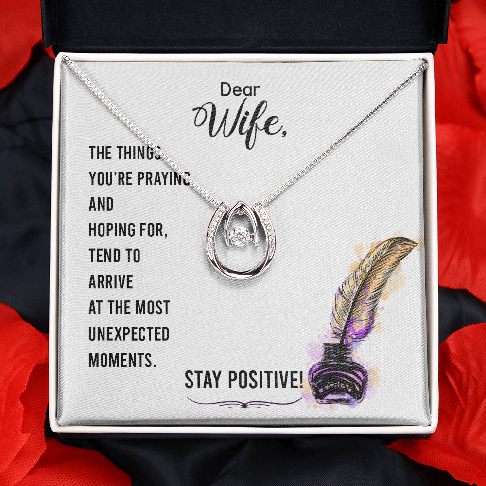 To My Wife Stay Positive Lucky Horseshoe Necklace Message Card 14k w CZ Crystals-Express Your Love Gifts