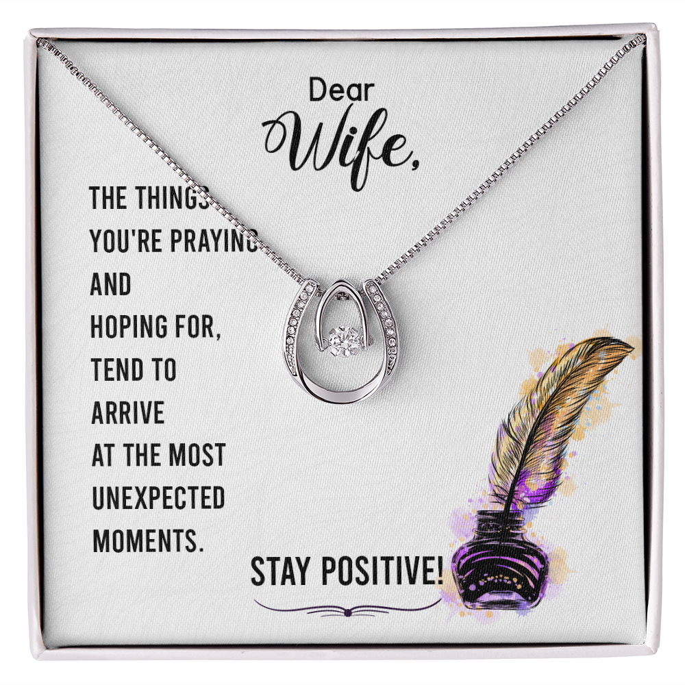 To My Wife Stay Positive Lucky Horseshoe Necklace Message Card 14k w CZ Crystals-Express Your Love Gifts