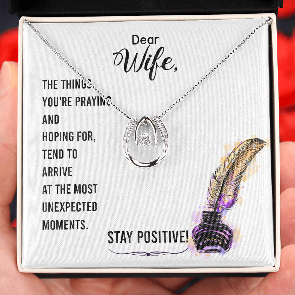 To My Wife Stay Positive Lucky Horseshoe Necklace Message Card 14k w CZ Crystals-Express Your Love Gifts