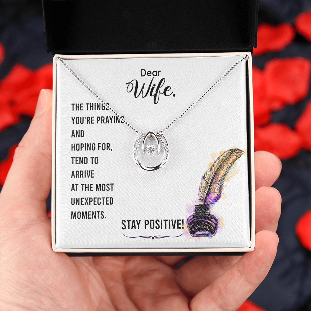 To My Wife Stay Positive Lucky Horseshoe Necklace Message Card 14k w CZ Crystals-Express Your Love Gifts