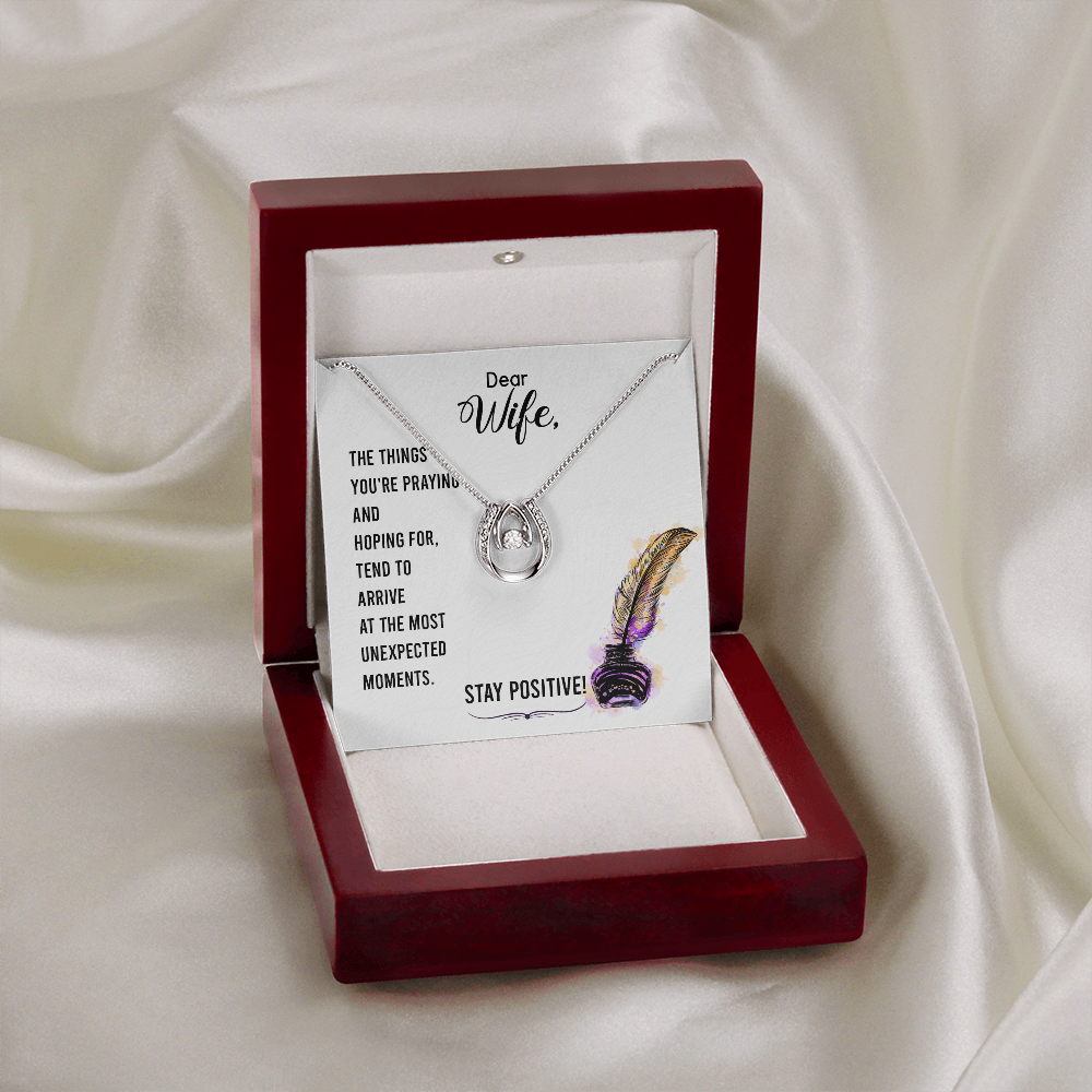 To My Wife Stay Positive Lucky Horseshoe Necklace Message Card 14k w CZ Crystals-Express Your Love Gifts