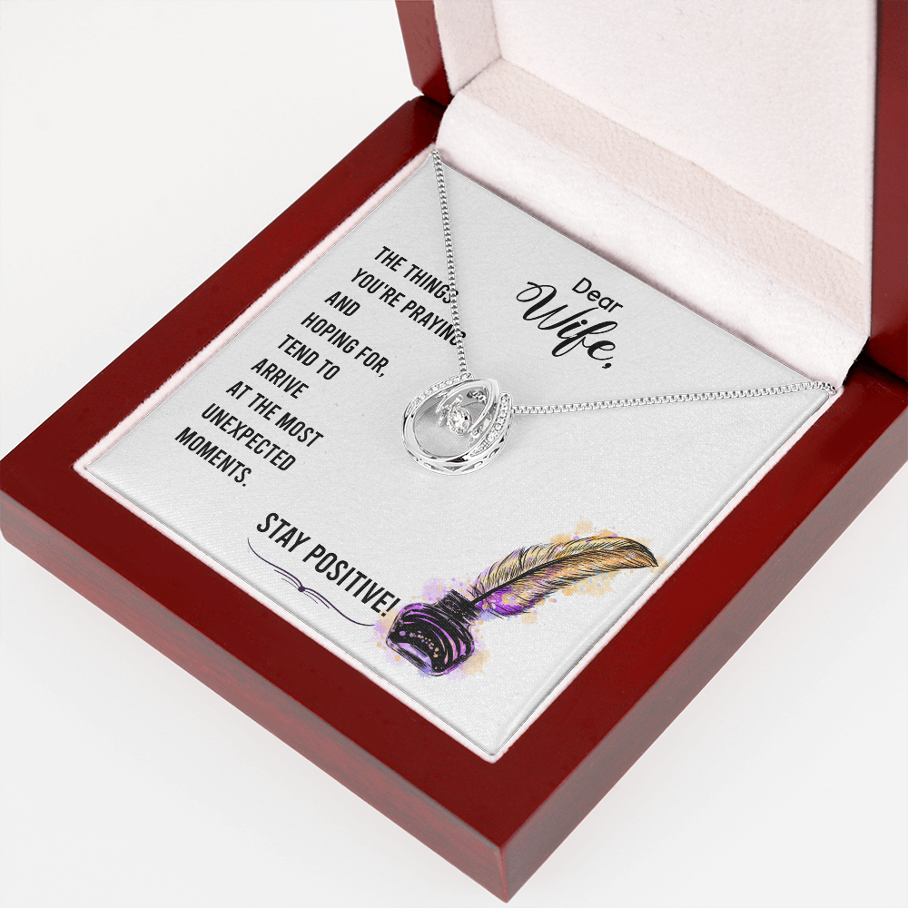 To My Wife Stay Positive Lucky Horseshoe Necklace Message Card 14k w CZ Crystals-Express Your Love Gifts