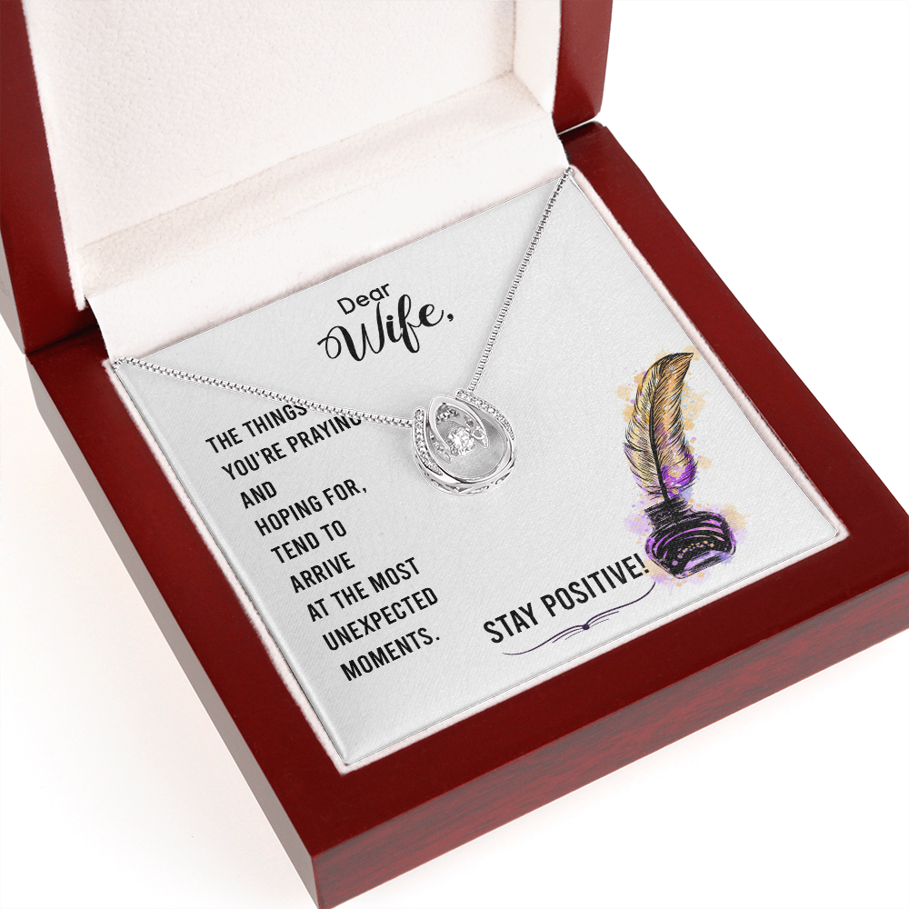 To My Wife Stay Positive Lucky Horseshoe Necklace Message Card 14k w CZ Crystals-Express Your Love Gifts