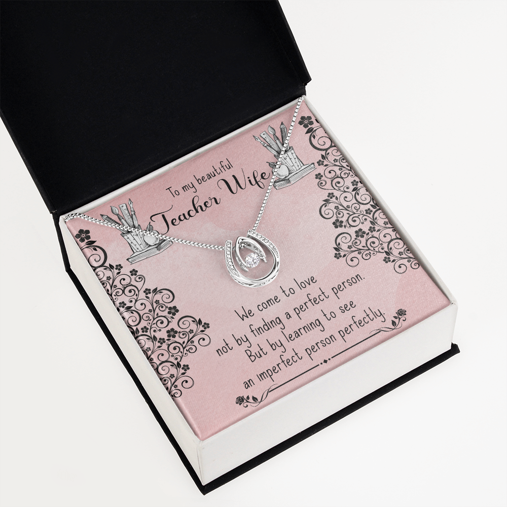 To My Wife Teacher Wife Lucky Horseshoe Necklace Message Card 14k w CZ Crystals-Express Your Love Gifts