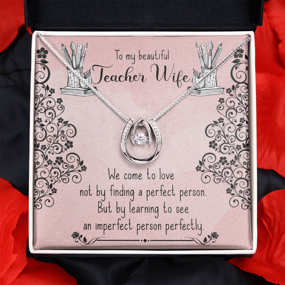 To My Wife Teacher Wife Lucky Horseshoe Necklace Message Card 14k w CZ Crystals-Express Your Love Gifts