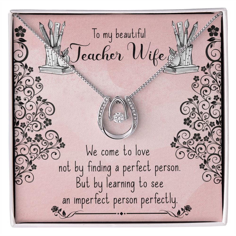 To My Wife Teacher Wife Lucky Horseshoe Necklace Message Card 14k w CZ Crystals-Express Your Love Gifts