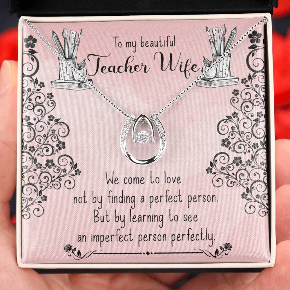 To My Wife Teacher Wife Lucky Horseshoe Necklace Message Card 14k w CZ Crystals-Express Your Love Gifts