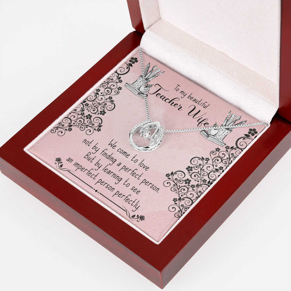 To My Wife Teacher Wife Lucky Horseshoe Necklace Message Card 14k w CZ Crystals-Express Your Love Gifts