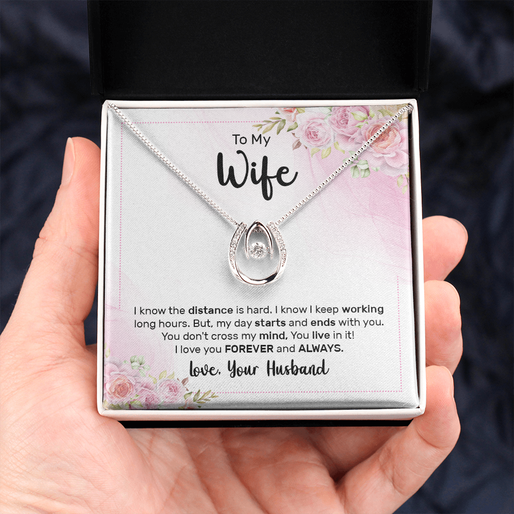 To My Wife The Distance Lucky Horseshoe Necklace Message Card 14k w CZ Crystals-Express Your Love Gifts