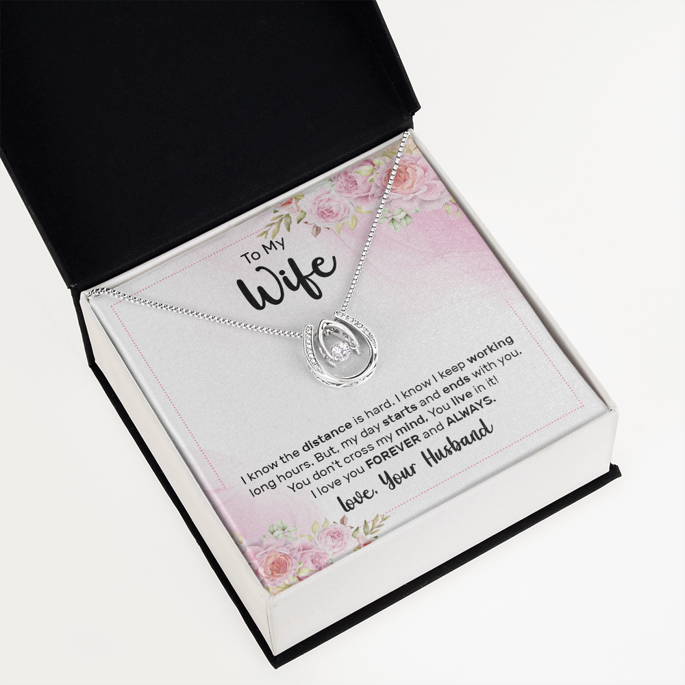 To My Wife The Distance Lucky Horseshoe Necklace Message Card 14k w CZ Crystals-Express Your Love Gifts