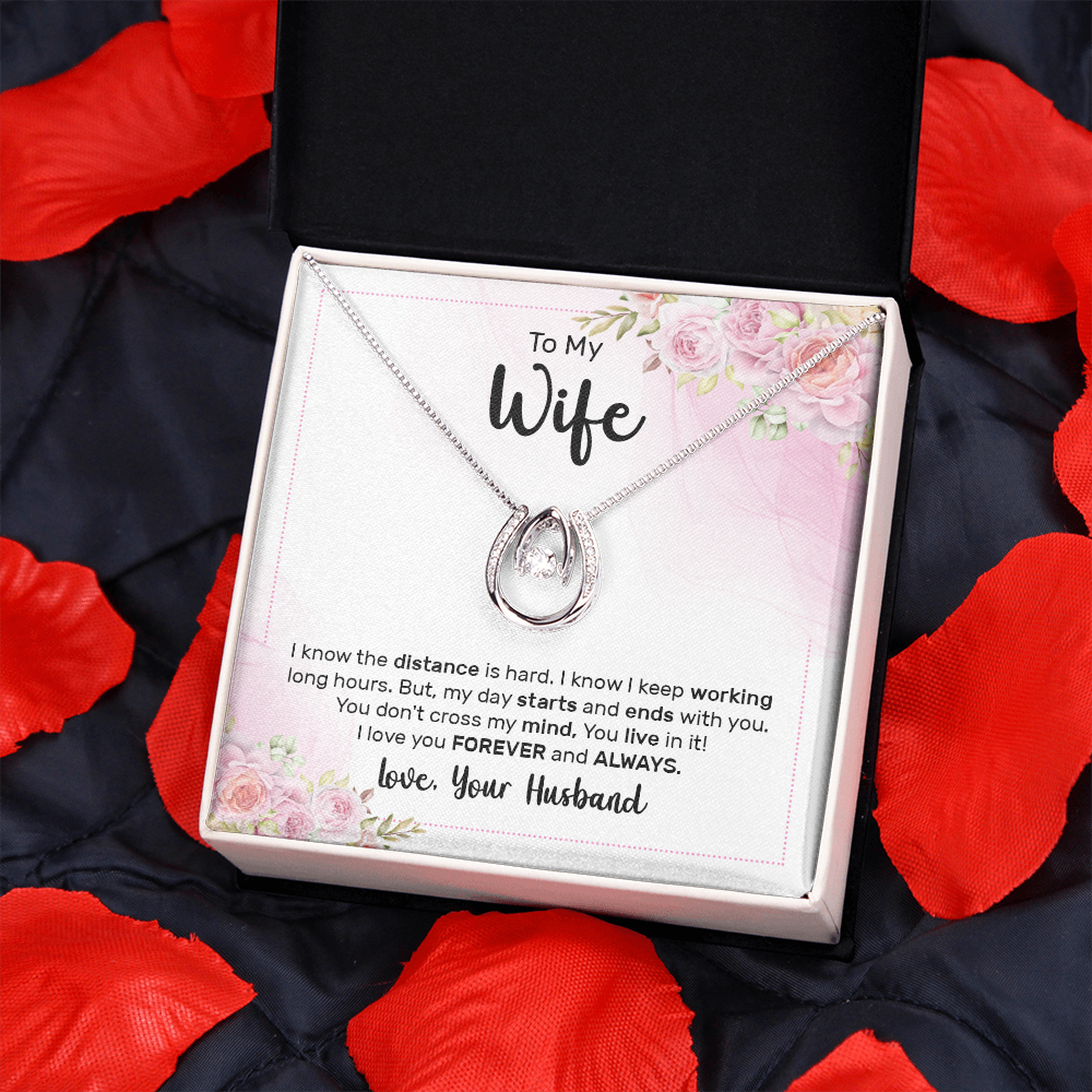 To My Wife The Distance Lucky Horseshoe Necklace Message Card 14k w CZ Crystals-Express Your Love Gifts