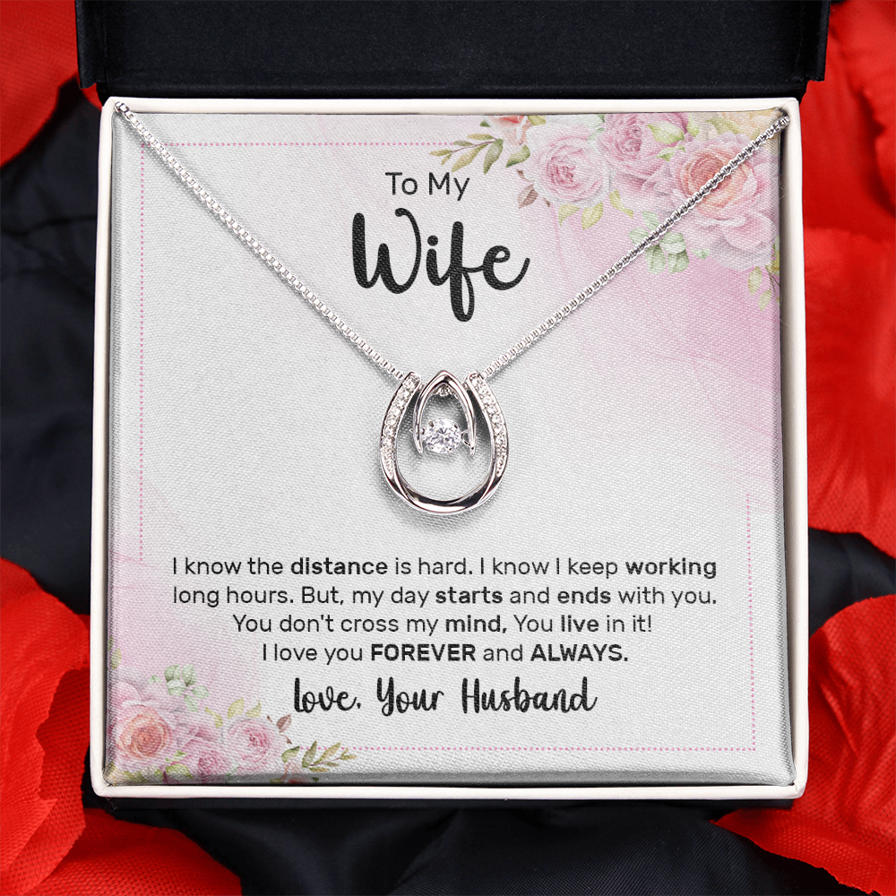 To My Wife The Distance Lucky Horseshoe Necklace Message Card 14k w CZ Crystals-Express Your Love Gifts