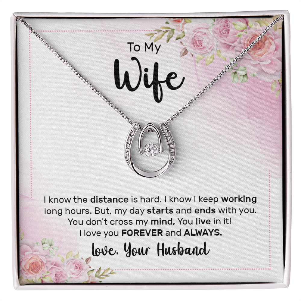 To My Wife The Distance Lucky Horseshoe Necklace Message Card 14k w CZ Crystals-Express Your Love Gifts