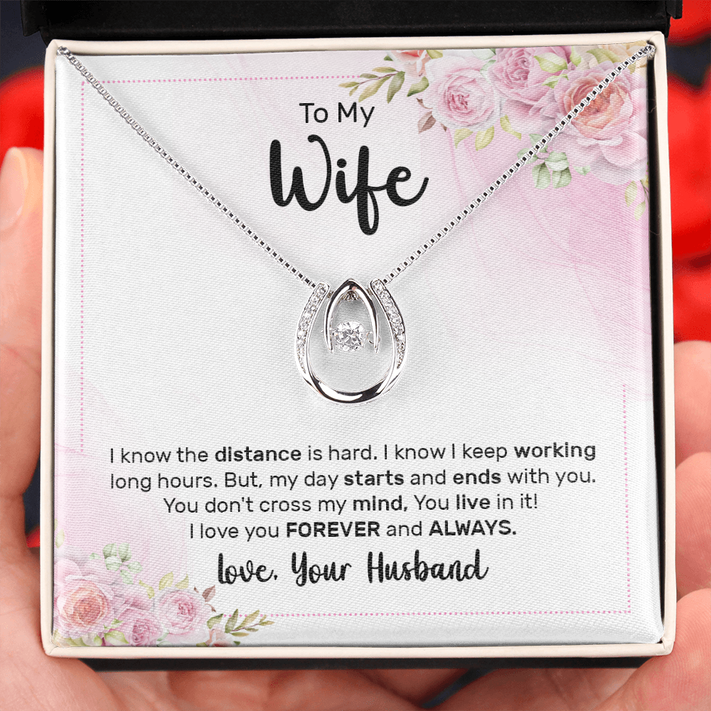 To My Wife The Distance Lucky Horseshoe Necklace Message Card 14k w CZ Crystals-Express Your Love Gifts