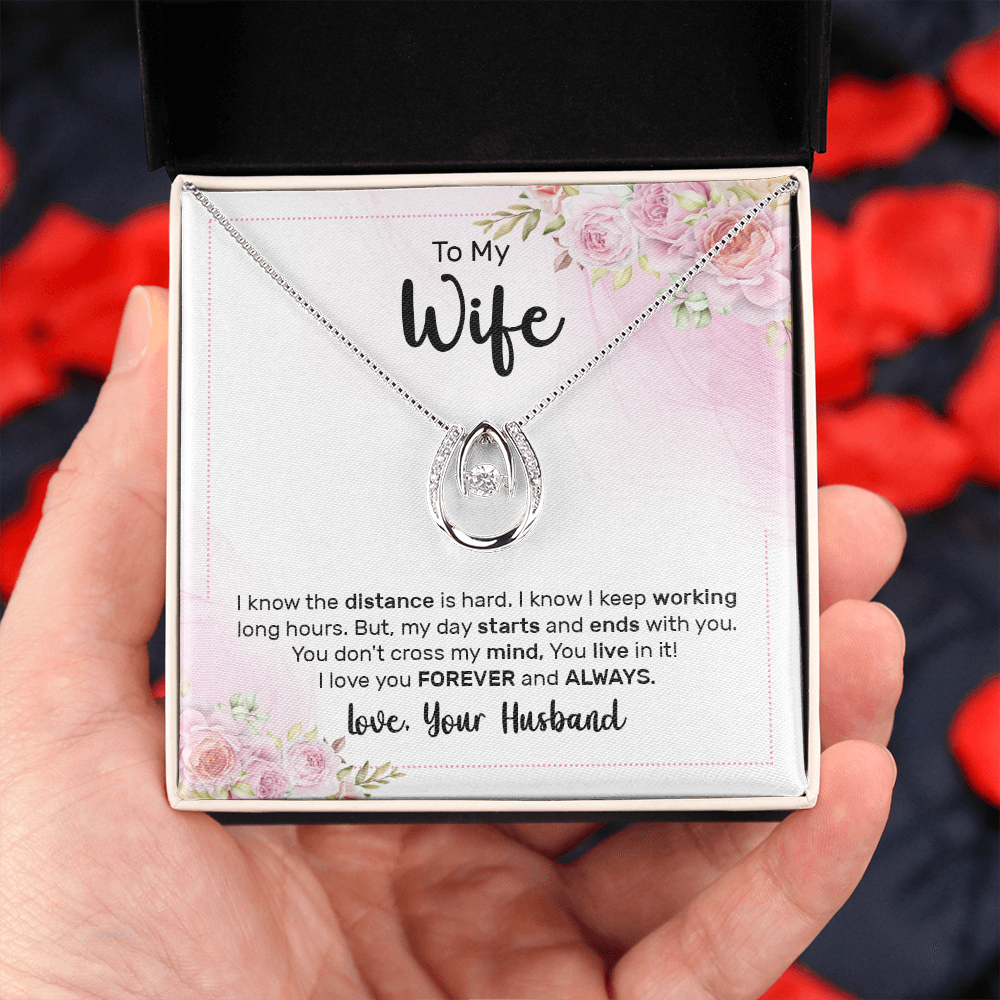 To My Wife The Distance Lucky Horseshoe Necklace Message Card 14k w CZ Crystals-Express Your Love Gifts