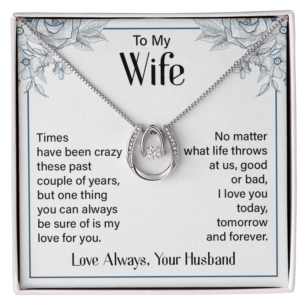 To My Wife Tomorrow and Forever Lucky Horseshoe Necklace Message Card 14k w CZ Crystals-Express Your Love Gifts