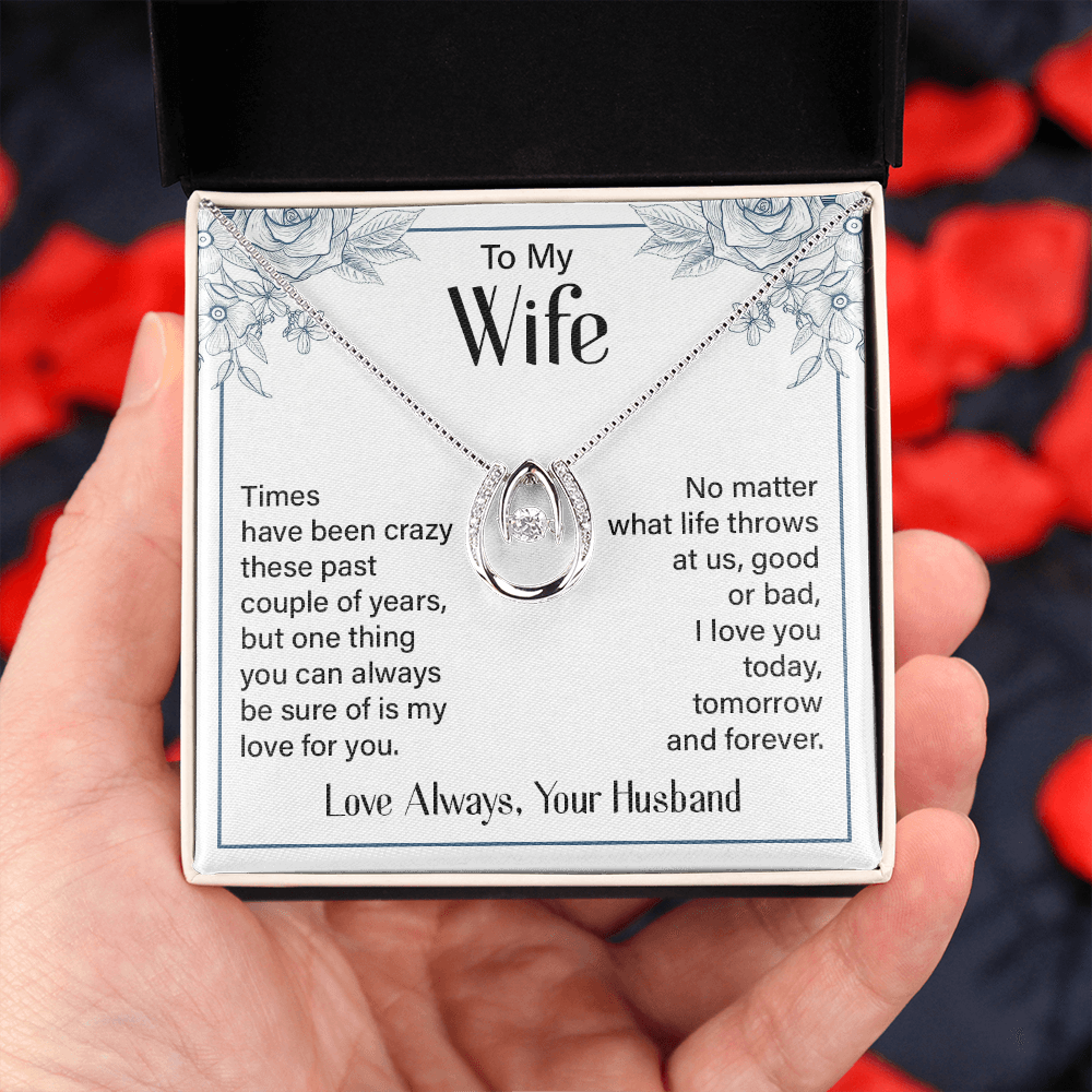 To My Wife Tomorrow and Forever Lucky Horseshoe Necklace Message Card 14k w CZ Crystals-Express Your Love Gifts
