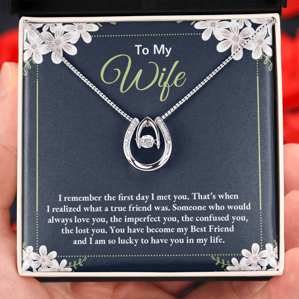 To My Wife True Friend Lucky Horseshoe Necklace Message Card 14k w CZ Crystals-Express Your Love Gifts