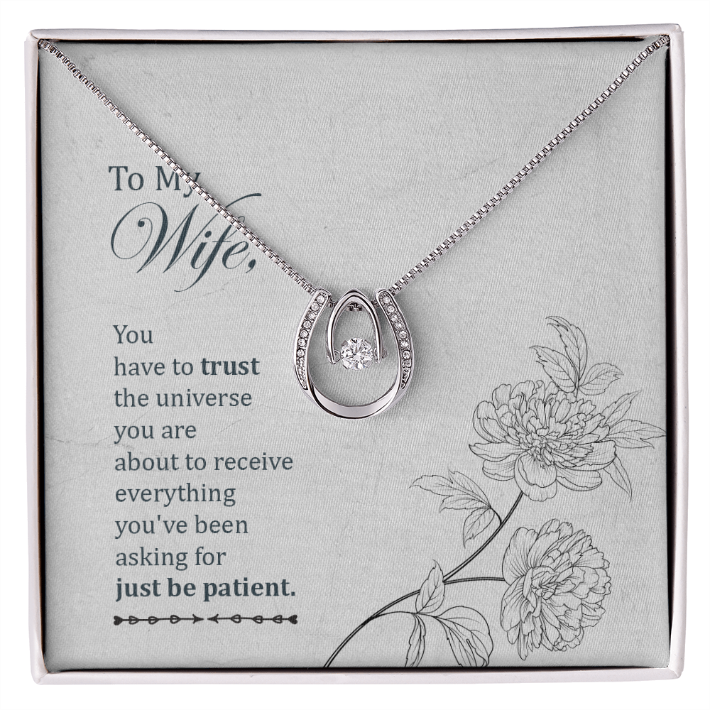 To My Wife Trust the Universe Lucky Horseshoe Necklace Message Card 14k w CZ Crystals-Express Your Love Gifts