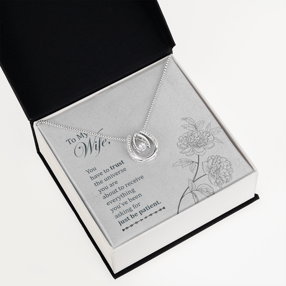 To My Wife Trust the Universe Lucky Horseshoe Necklace Message Card 14k w CZ Crystals-Express Your Love Gifts