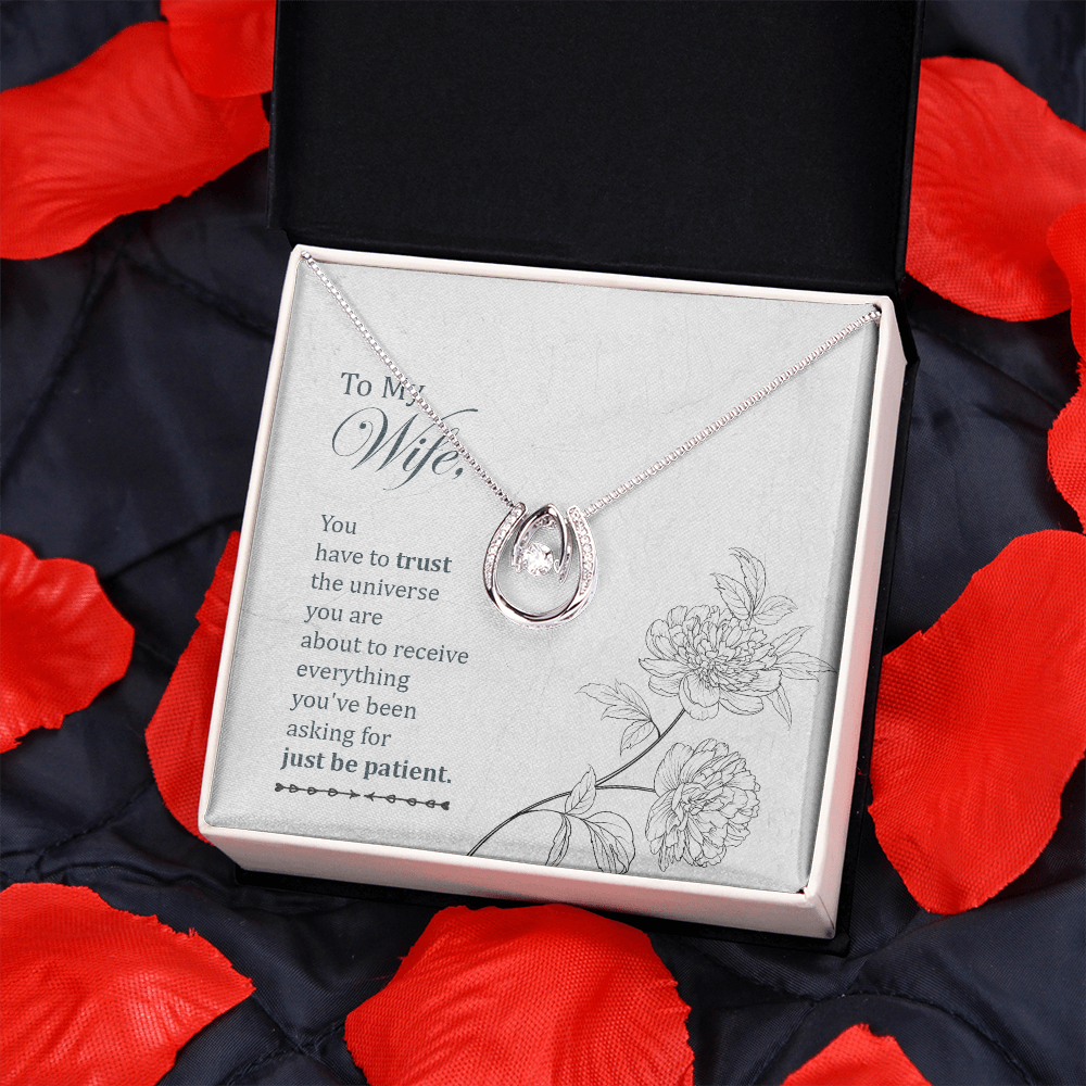 To My Wife Trust the Universe Lucky Horseshoe Necklace Message Card 14k w CZ Crystals-Express Your Love Gifts