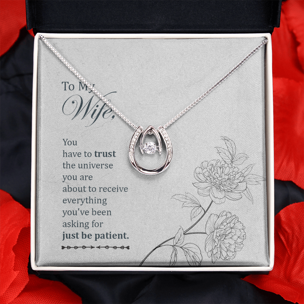 To My Wife Trust the Universe Lucky Horseshoe Necklace Message Card 14k w CZ Crystals-Express Your Love Gifts