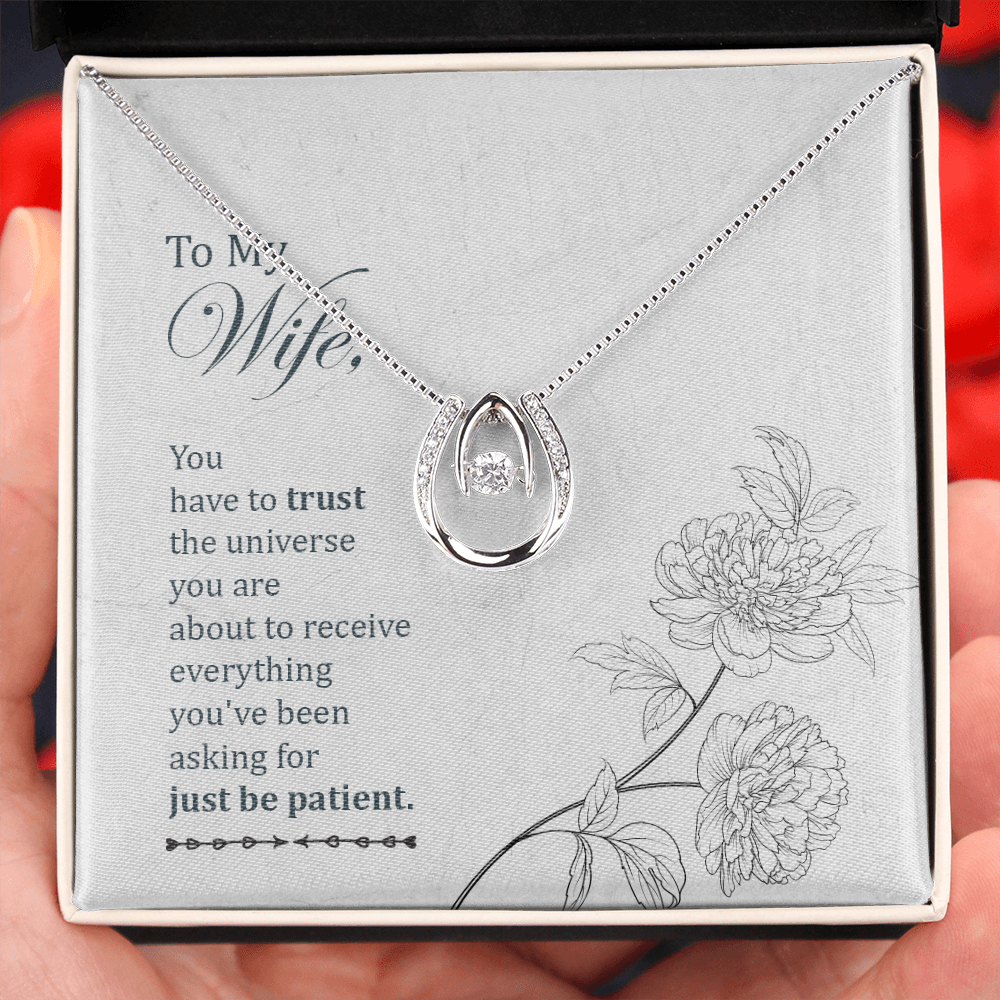 To My Wife Trust the Universe Lucky Horseshoe Necklace Message Card 14k w CZ Crystals-Express Your Love Gifts