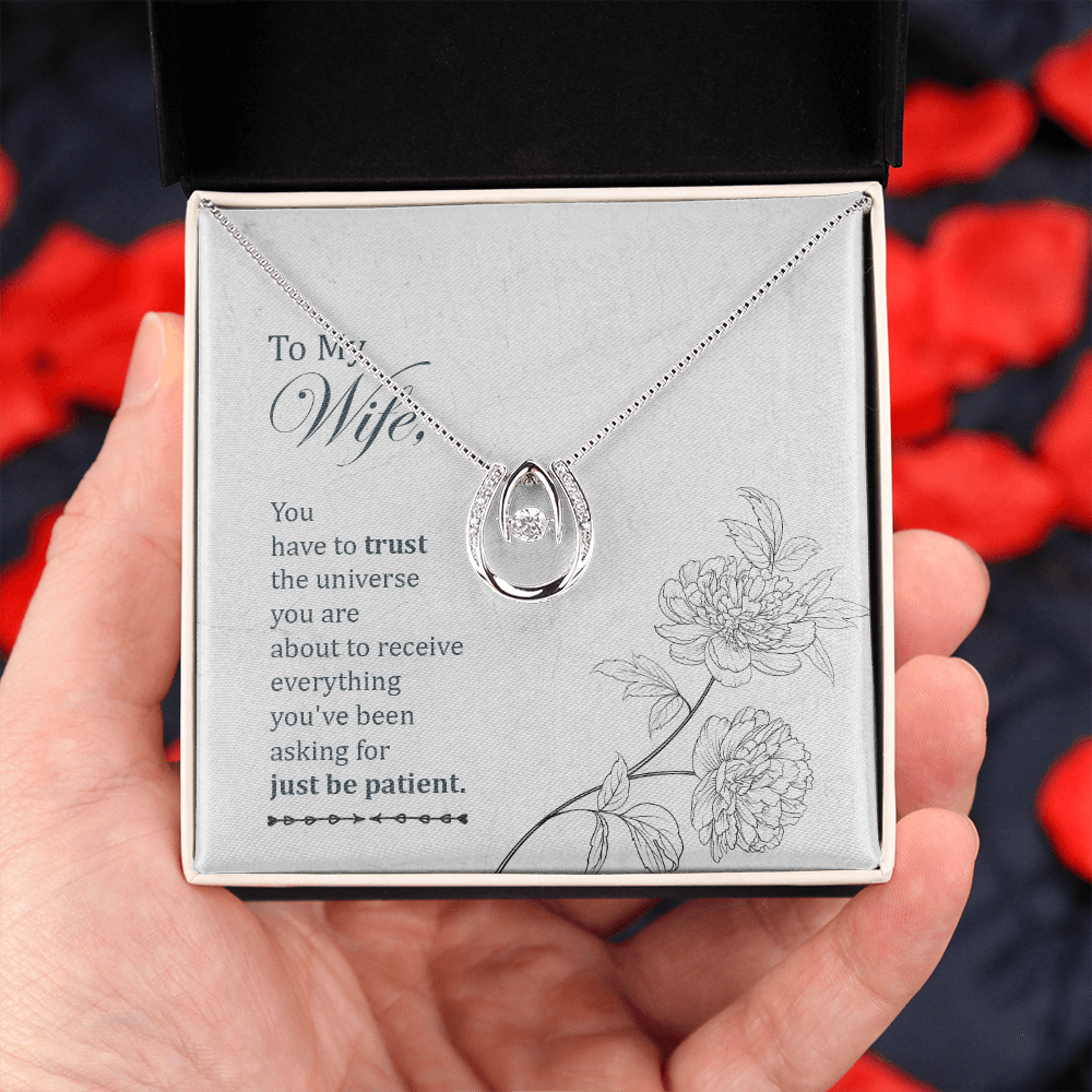 To My Wife Trust the Universe Lucky Horseshoe Necklace Message Card 14k w CZ Crystals-Express Your Love Gifts